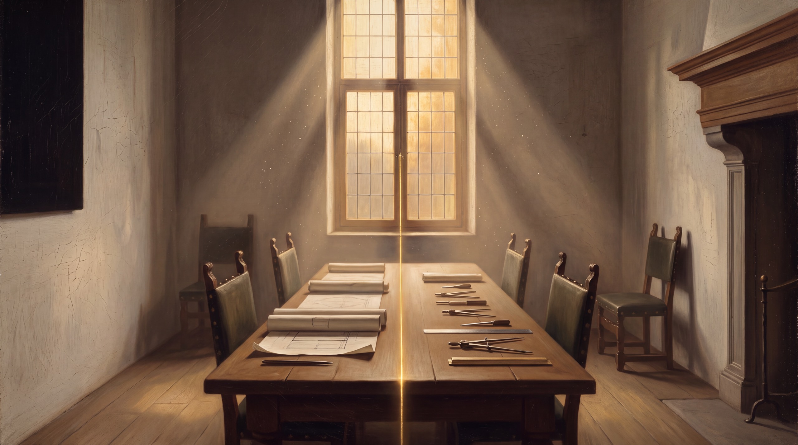 L'atelier au crépuscule, la table rangée, le fil d'or tendu en ligne droite vers la fenêtre