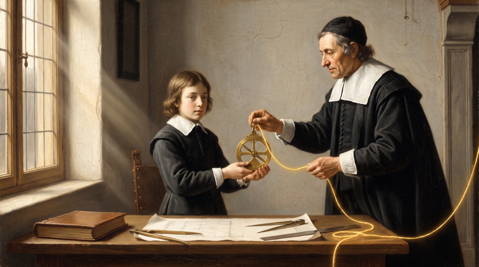 Maître transmettant un instrument de précision à un apprenti dans un atelier