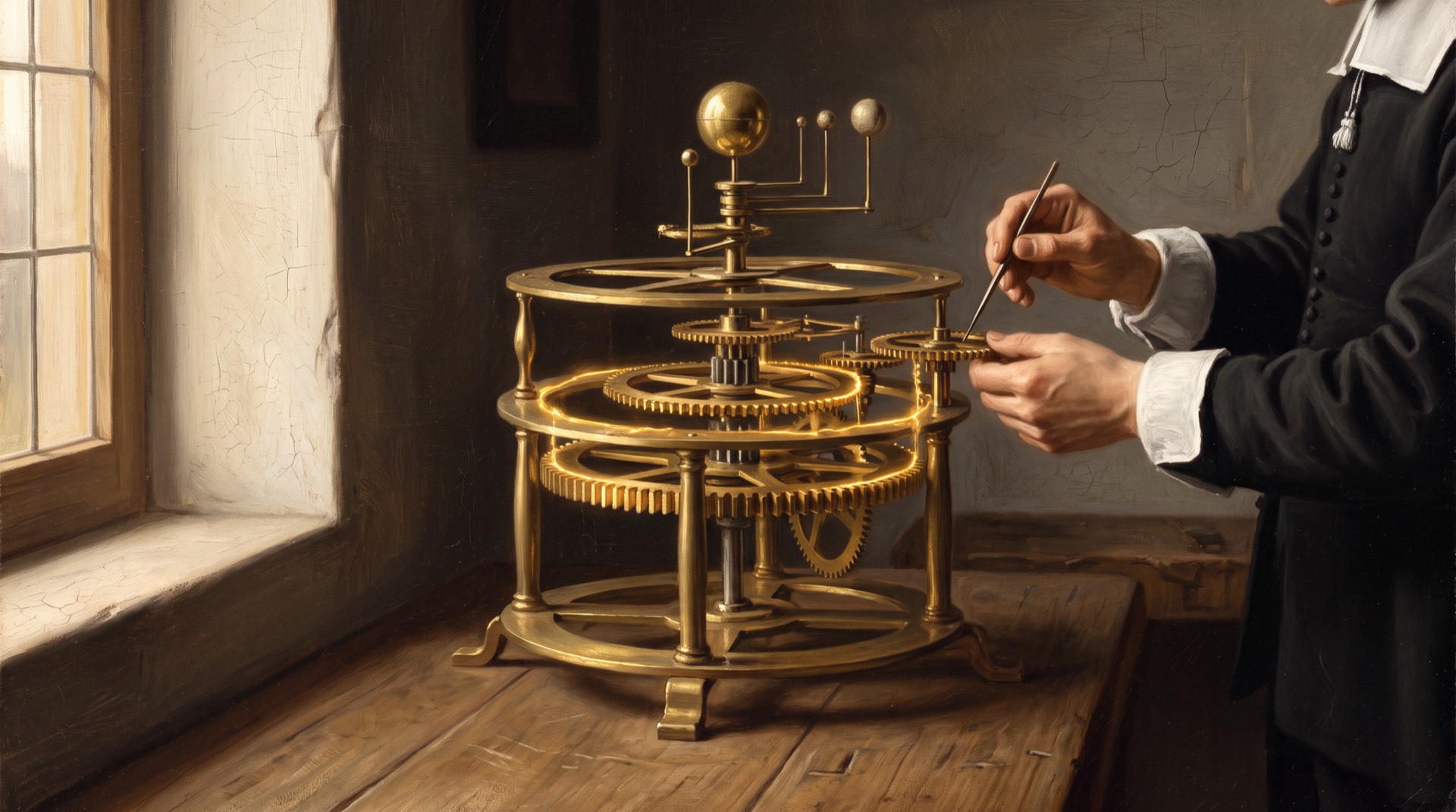 Mécanisme d’horlogerie doré en mouvement dans un atelier baigné de lumière