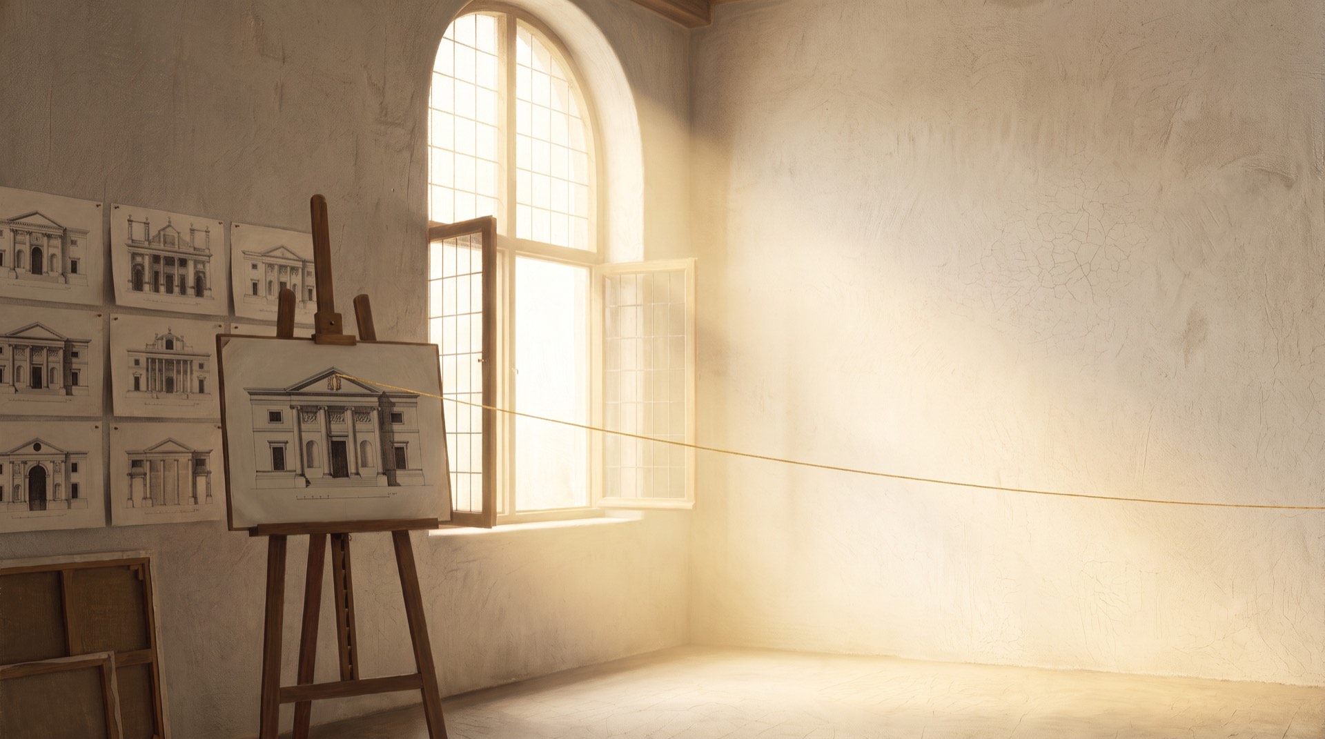 Grande vitrine d’atelier ouverte sur la lumière, plans affichés sur le mur