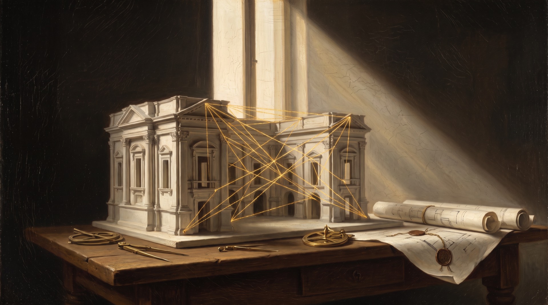 Maquette d’architecture en plâtre posée sur un plan, reliée par des fils d’or